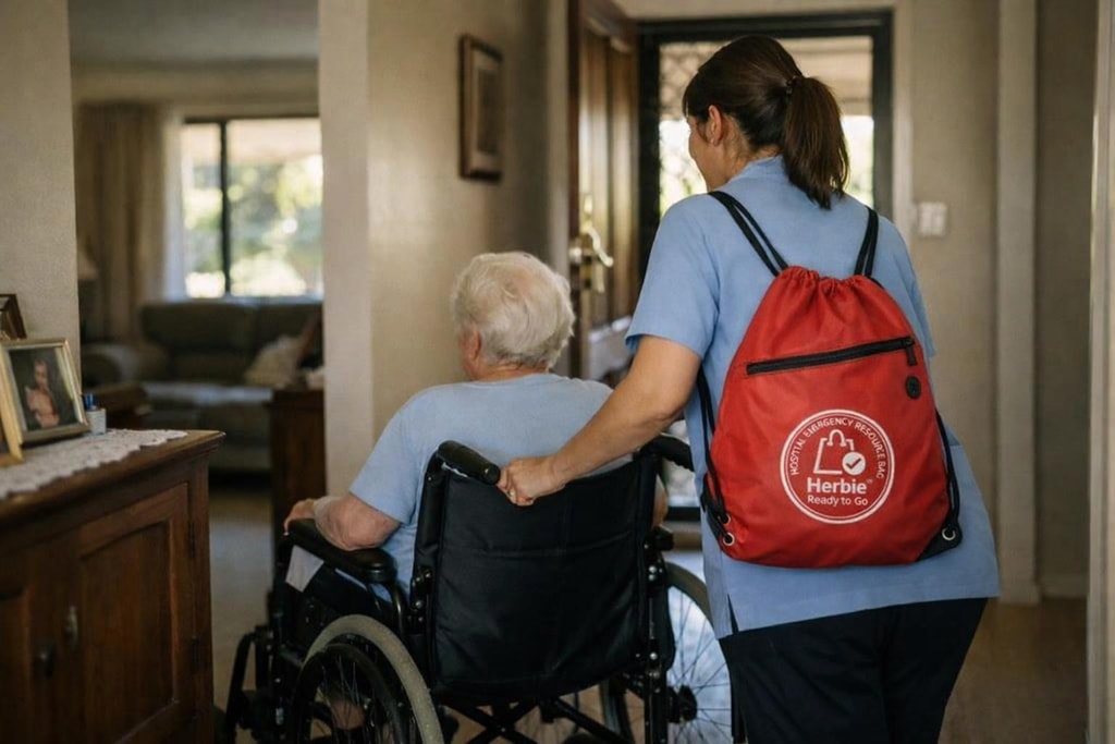 A carer wearing the Herbie bag while assisting someone in a wheelchair